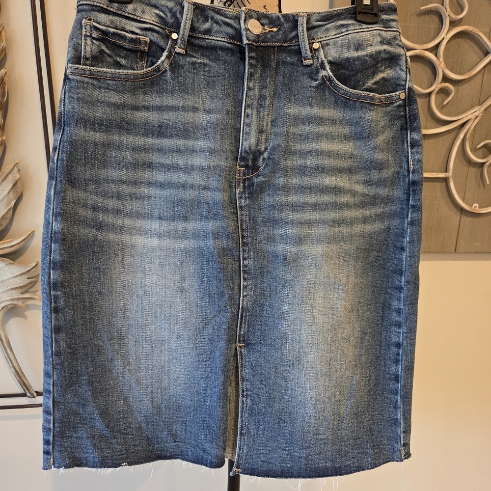 Blue Denim Skirt By Risen With Front Center Slit and Freyed Bottom